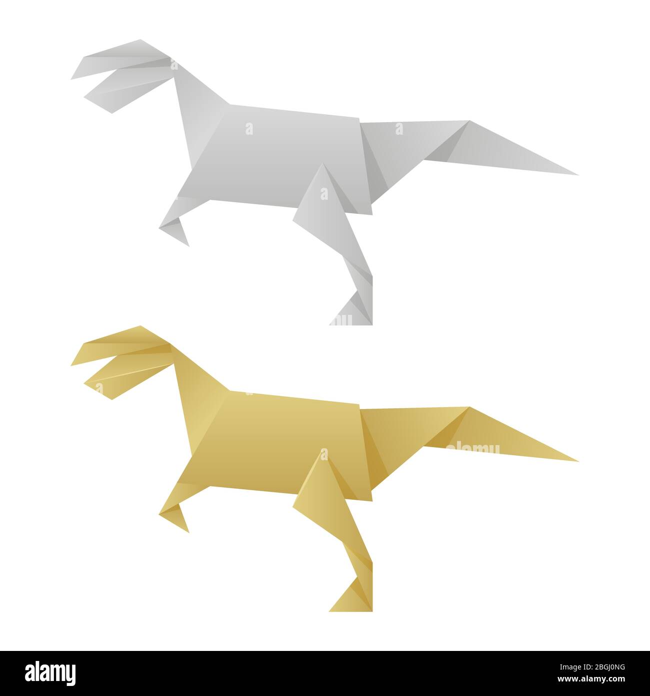 Silver and golden paper origami dinosaurs isolated on white background. Vector illustration Stock Vector