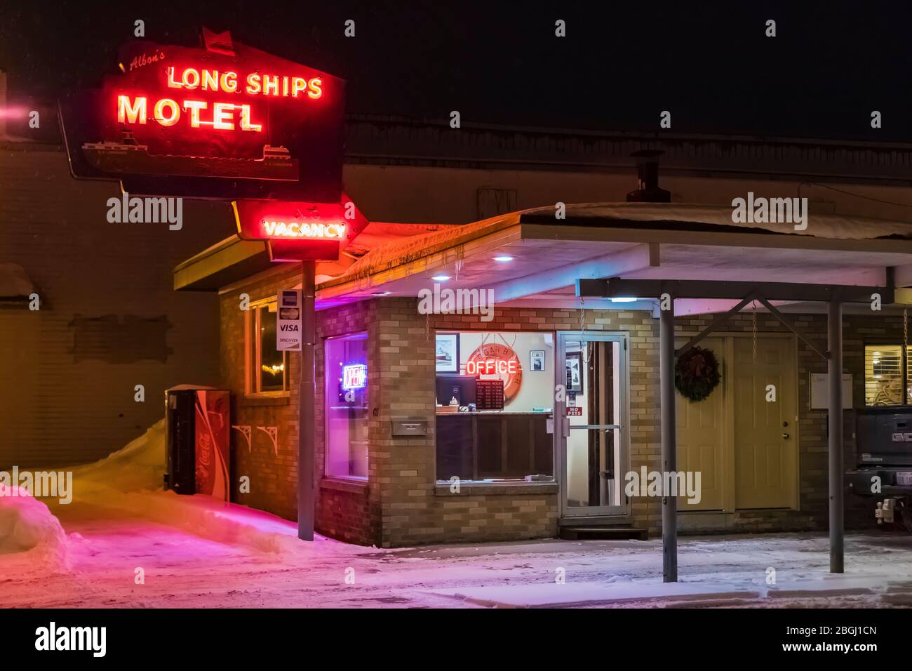 Long Ships Motel on a winter night in Sault Ste. Marie in the Upper