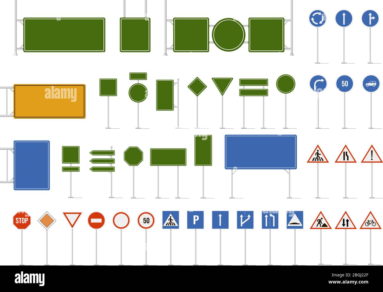 Road street sign. Direction traffic signs, danger warning and direction traffic road sign