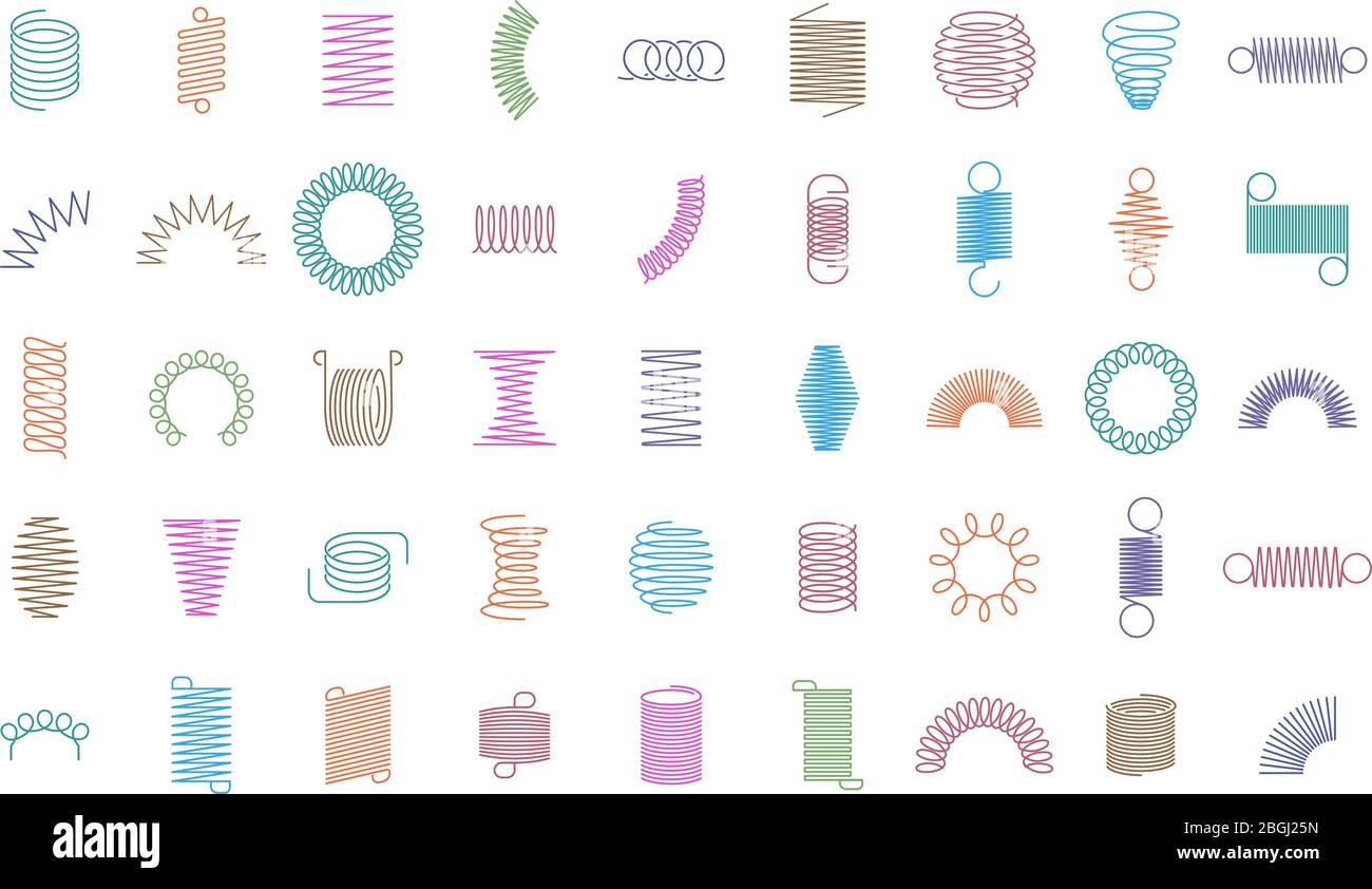 Metal curved spring. Wire springs, mechanical curved steel flexible coils, engineering motor spirals silhouette. Metallic coils icons isolated vector Stock Vector