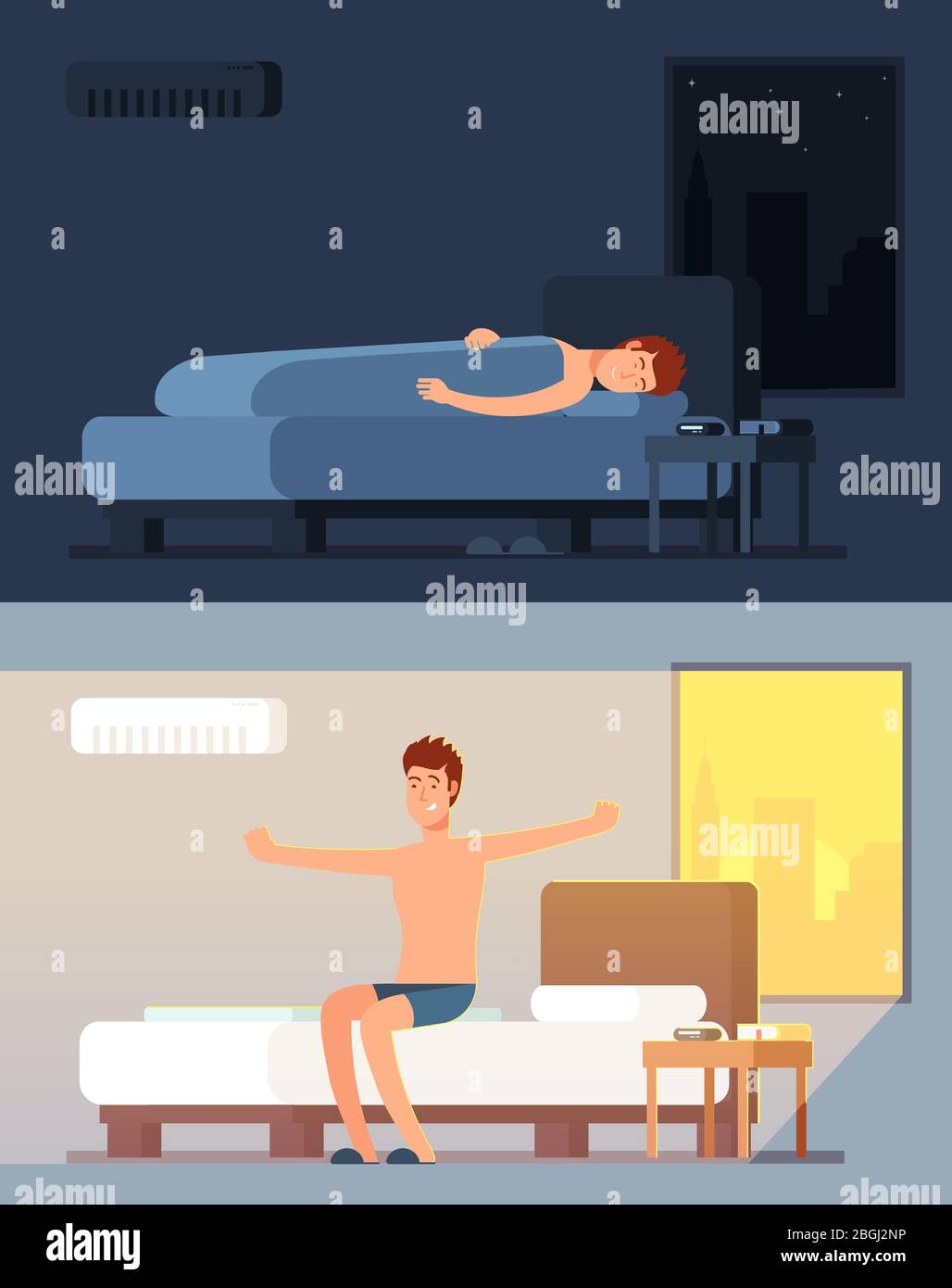Man peacefully sleeping and dreaming in comfy bed at night and peppy waking up in morning cartoon vector concept. Illustration of night and morning bedroom Stock Vector