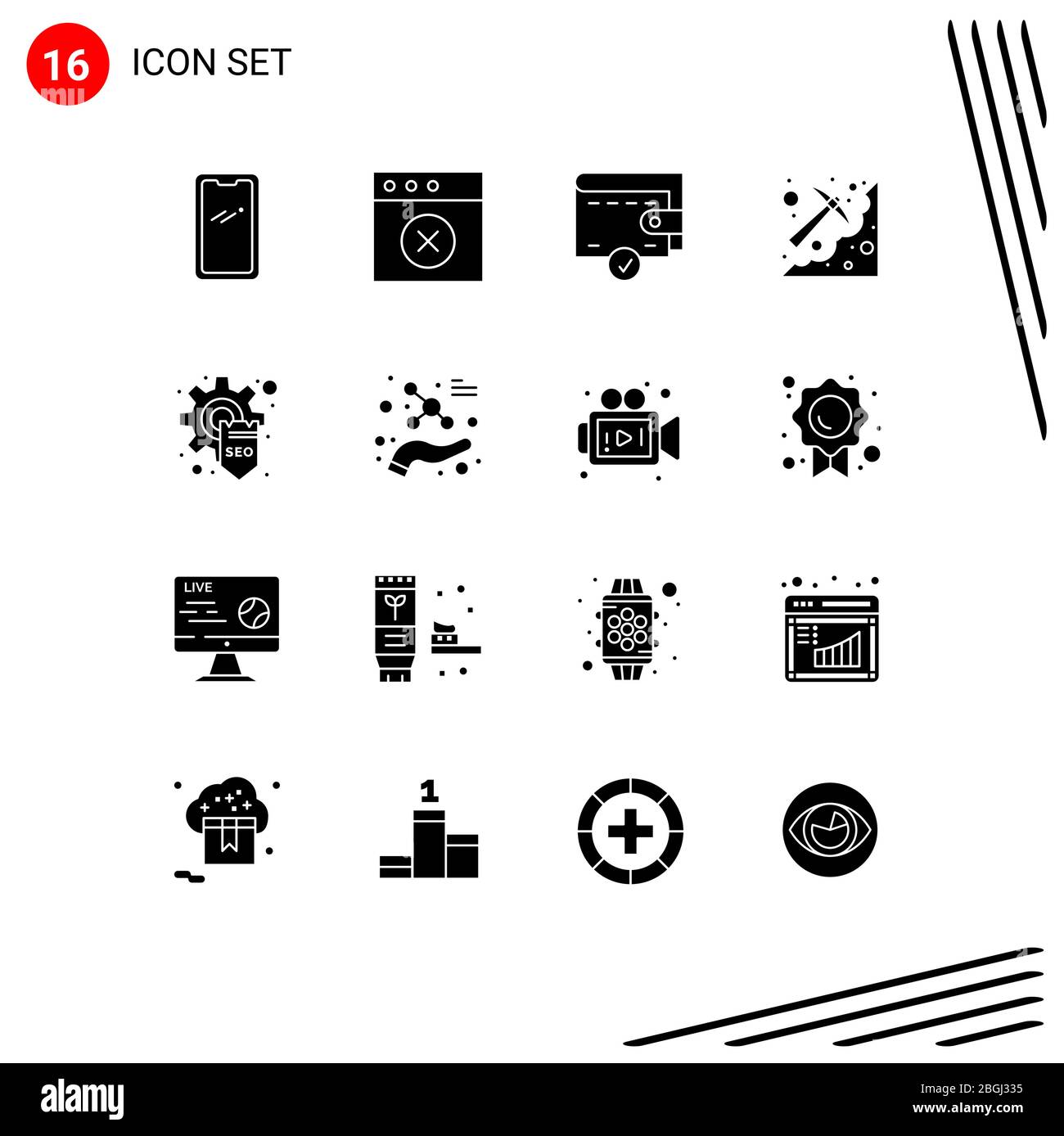 User Interface Pack of 16 Basic Solid Glyphs of optimization, pickaxe, complete, pick, digging Editable Vector Design Elements Stock Vector