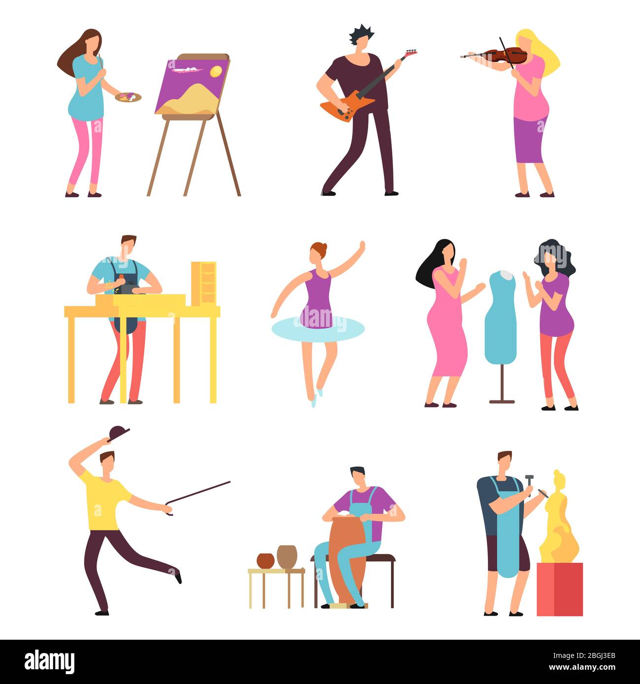 Cartoon artists and musicians vector isolated characters in creative artistic hobbies. People hobby, artistic drawing and playing, amateur painter and sculpture illustration Stock Vector