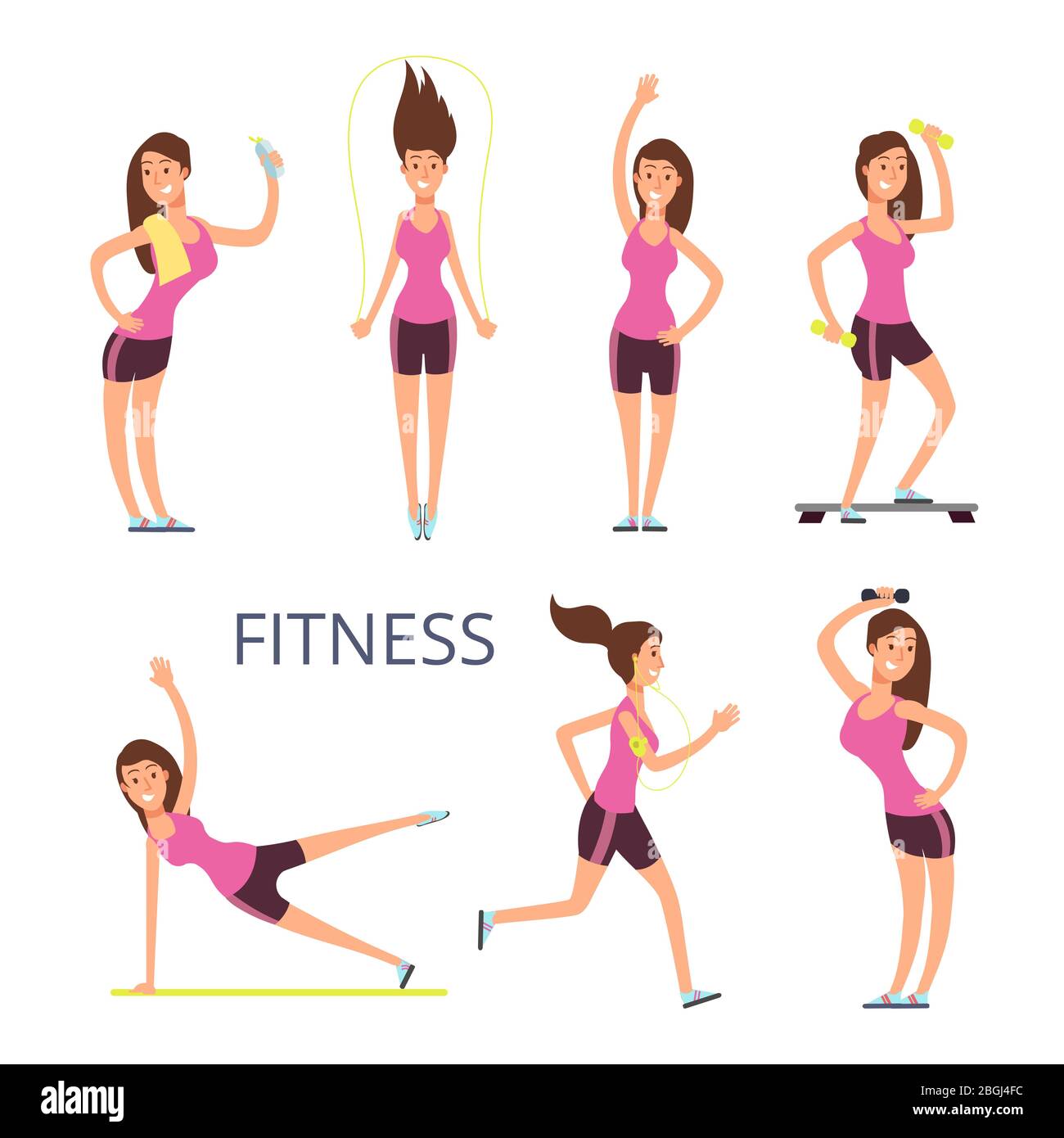 Cartoon sport young woman characters, fitness girl isolated on white background. Sport female healthy, character cartoon with sporty figure illustration Stock Vector