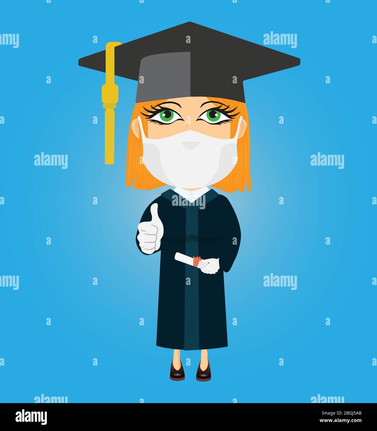 Caucasian white skin blonde confused female graduate with mask white gloves thumb up hat diploma in his hand. Stock Vector
