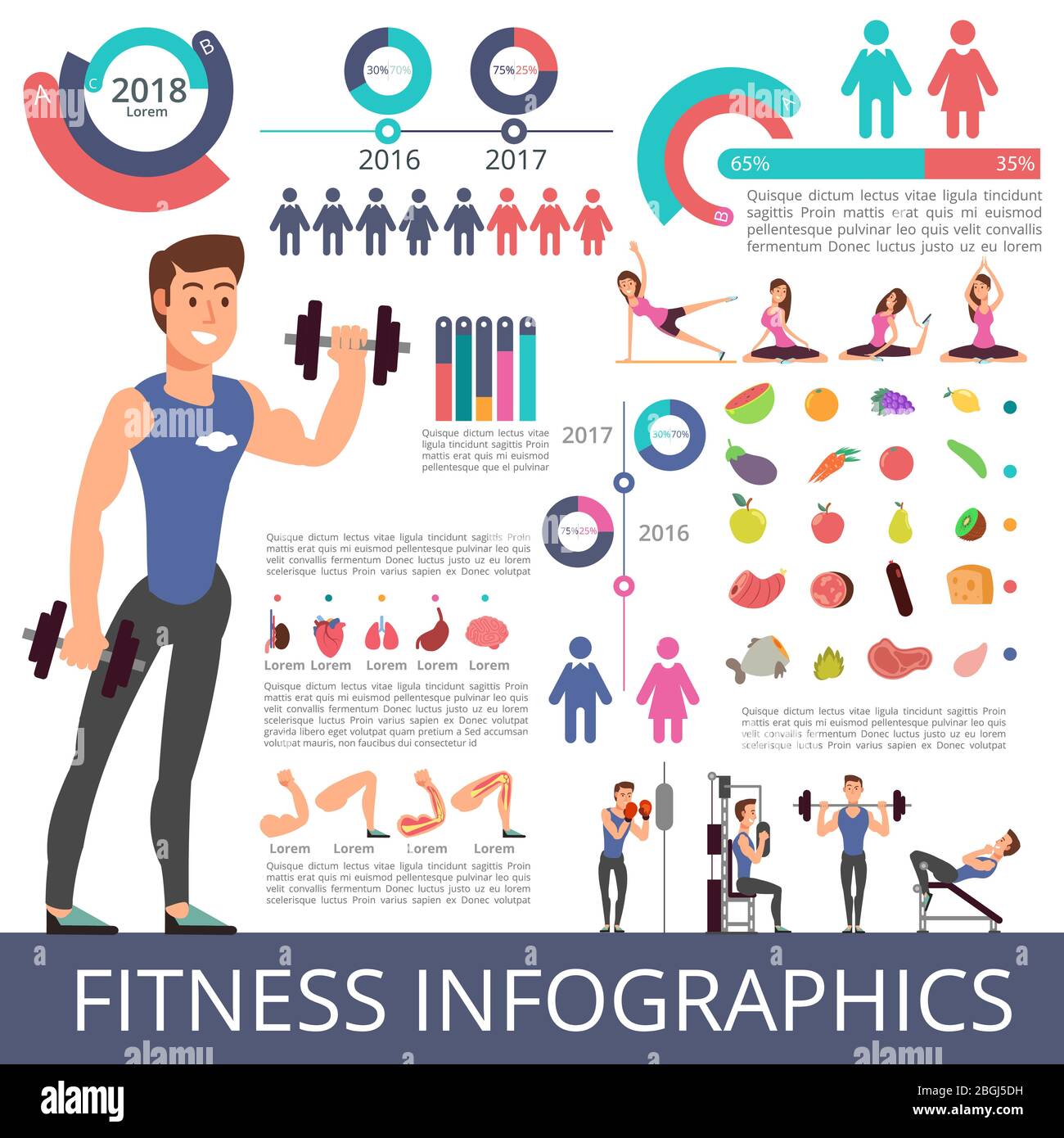 Sports and healthy life vector business infographic with sport person characters, charts and diagrams. Fitness characters. Vector diagram and chart, healthy life, dieting and wellness illustration Stock Vector