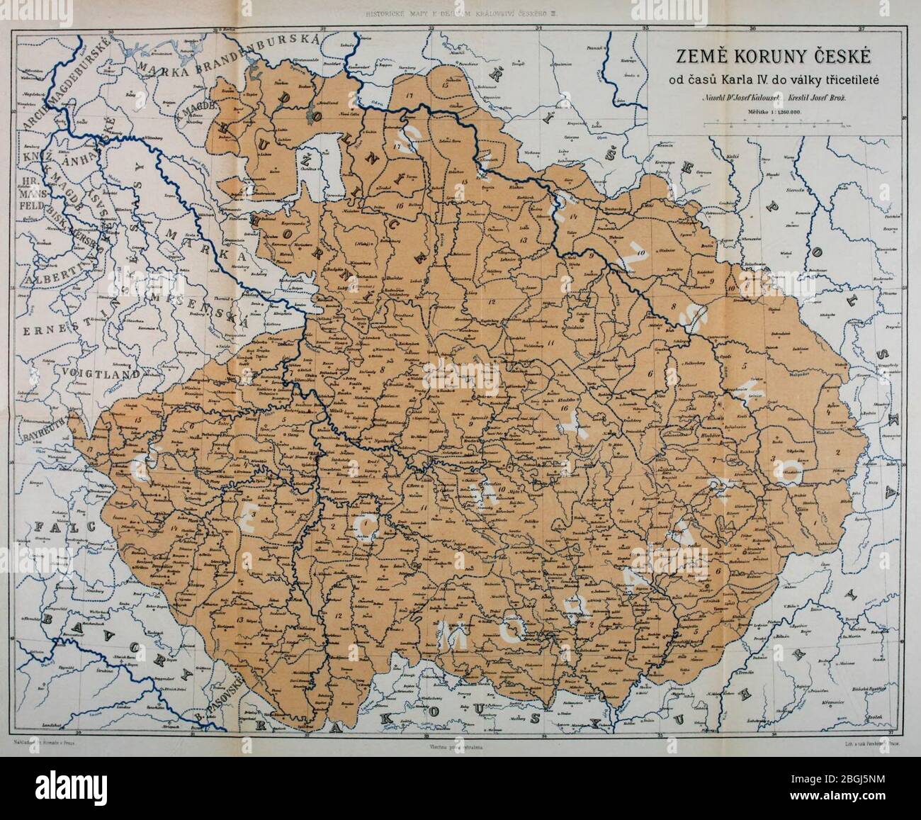 Historická mapa - Země koruny české od časů Karla IV do války třicetileté. Stock Photo