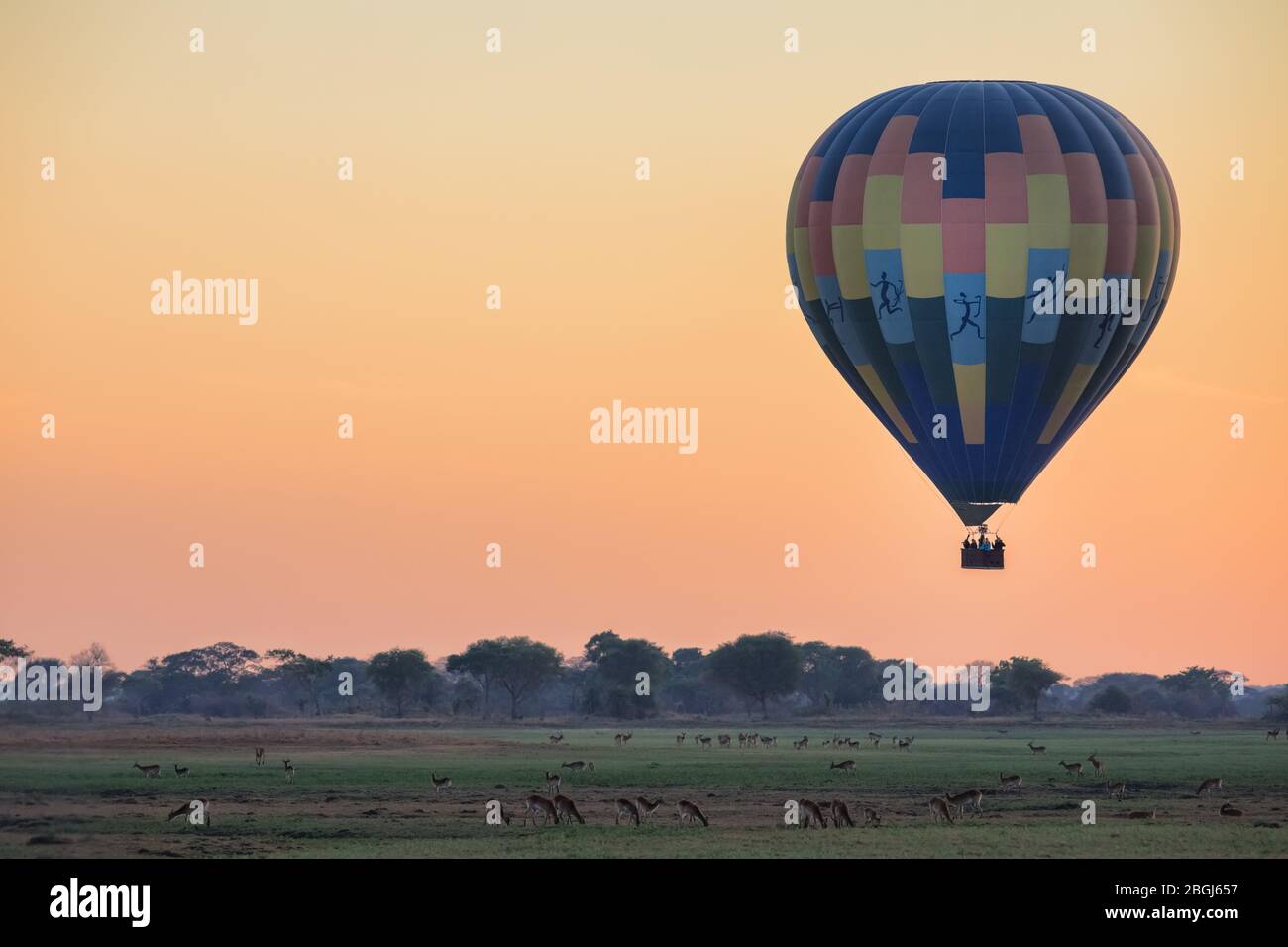 Busanga Plains is an exclusive safari destination in  Kafue National Park, North Western Province, Zambia, where hot air ballooning is popular Stock Photo