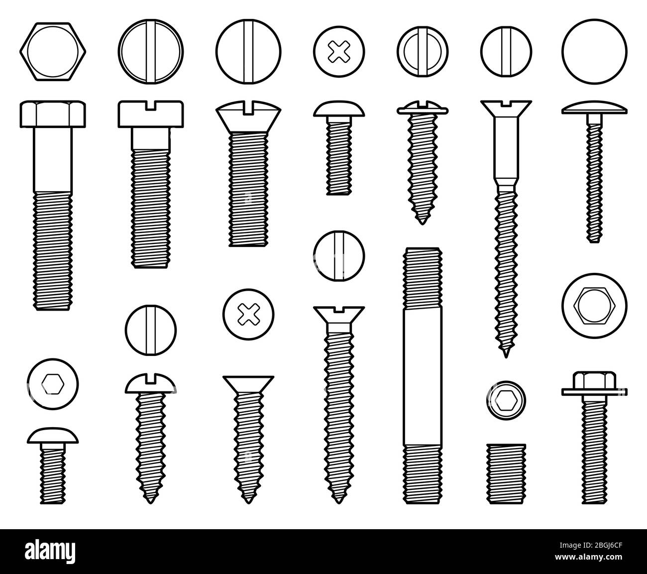 Industrial screws bolts, nuts and nails line vector icons. Bolt with screw, nut for fix work illustration Stock Vector
