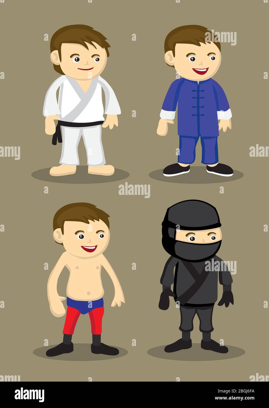 Vector illustration of men's attire and outfit for martial arts, Karate, chinese kungfu, wrestling, japanese ninja Stock Vector