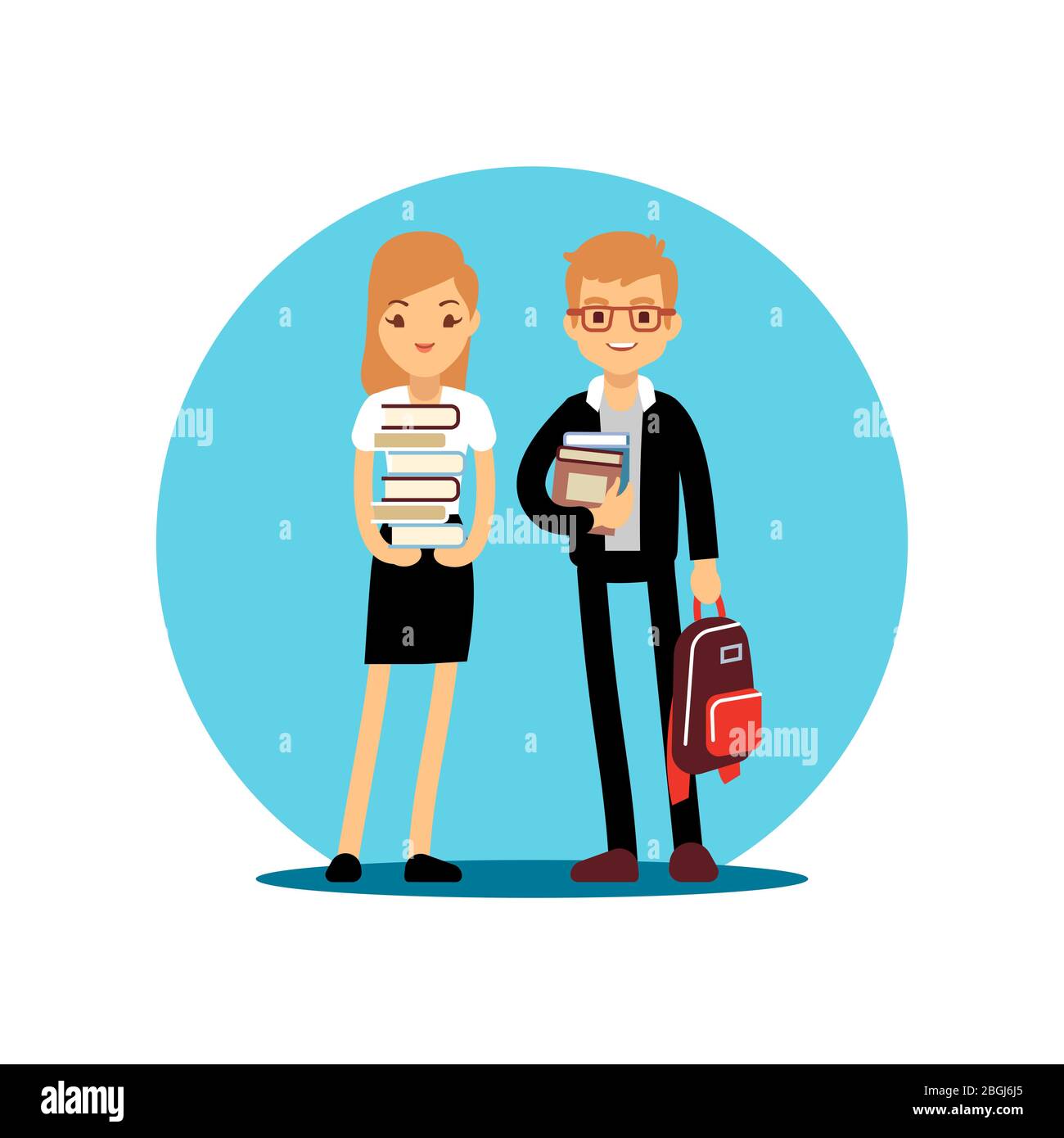 Girl and boy students cartoon character. Back to school kids vector design. Schoolboy character child, young children with books illustration Stock Vector
