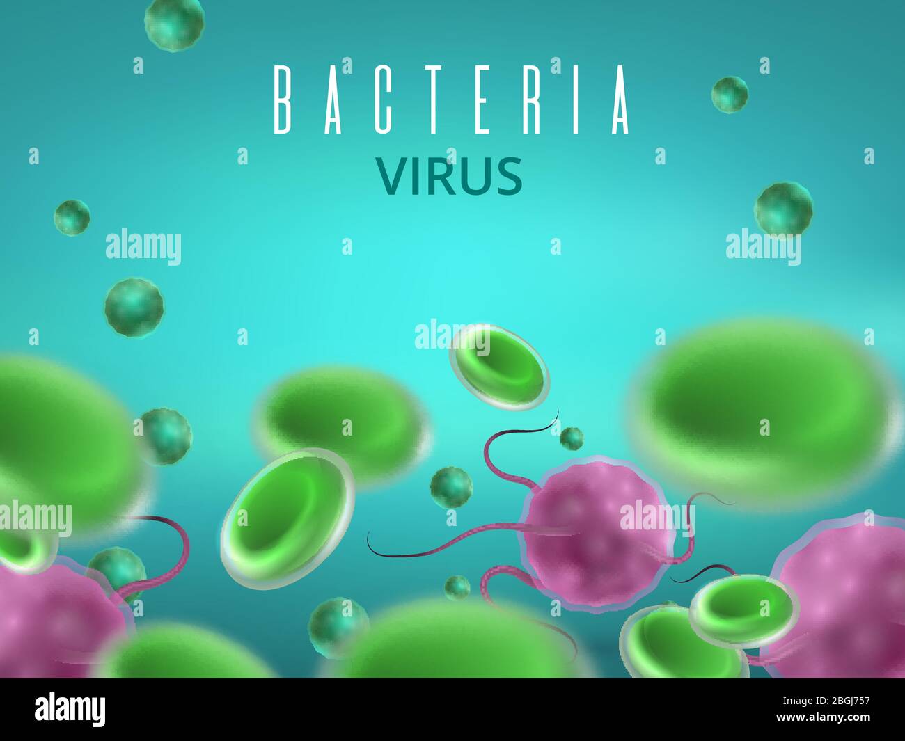 Biology medical science concept. Abstract vector background with cells and viruses. Medical cell and biology research microscopic illustration Stock Vector