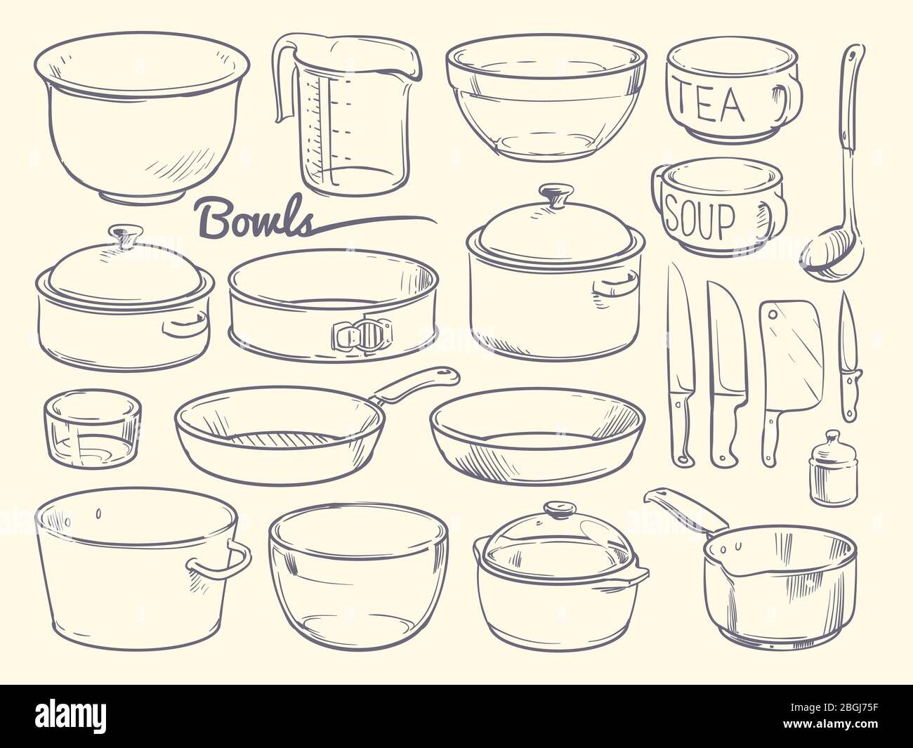 Doodle cooking equipment and kitchen utensils. Hand drawn vector kitchenware isolated. Bowl and pot, glass for cooking illustration Stock Vector