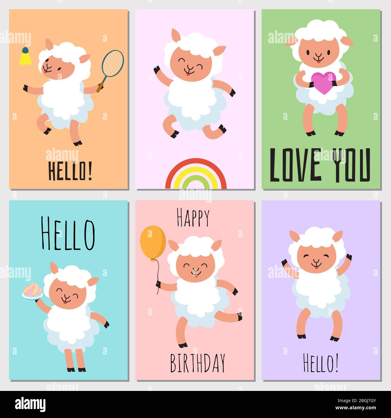 Happy birthday, love you and hello cards with cute cartoon baby sheep. Vector illustration Stock Vector