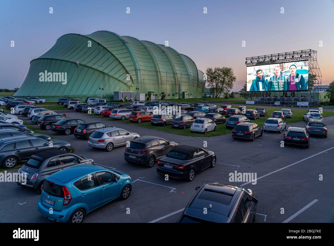 Drive-in cinema at Essen/Mülheim Airport, 'Motor Movies', temporary film screening, at the WDL airship hangar, event in compliance with contact restri Stock Photo