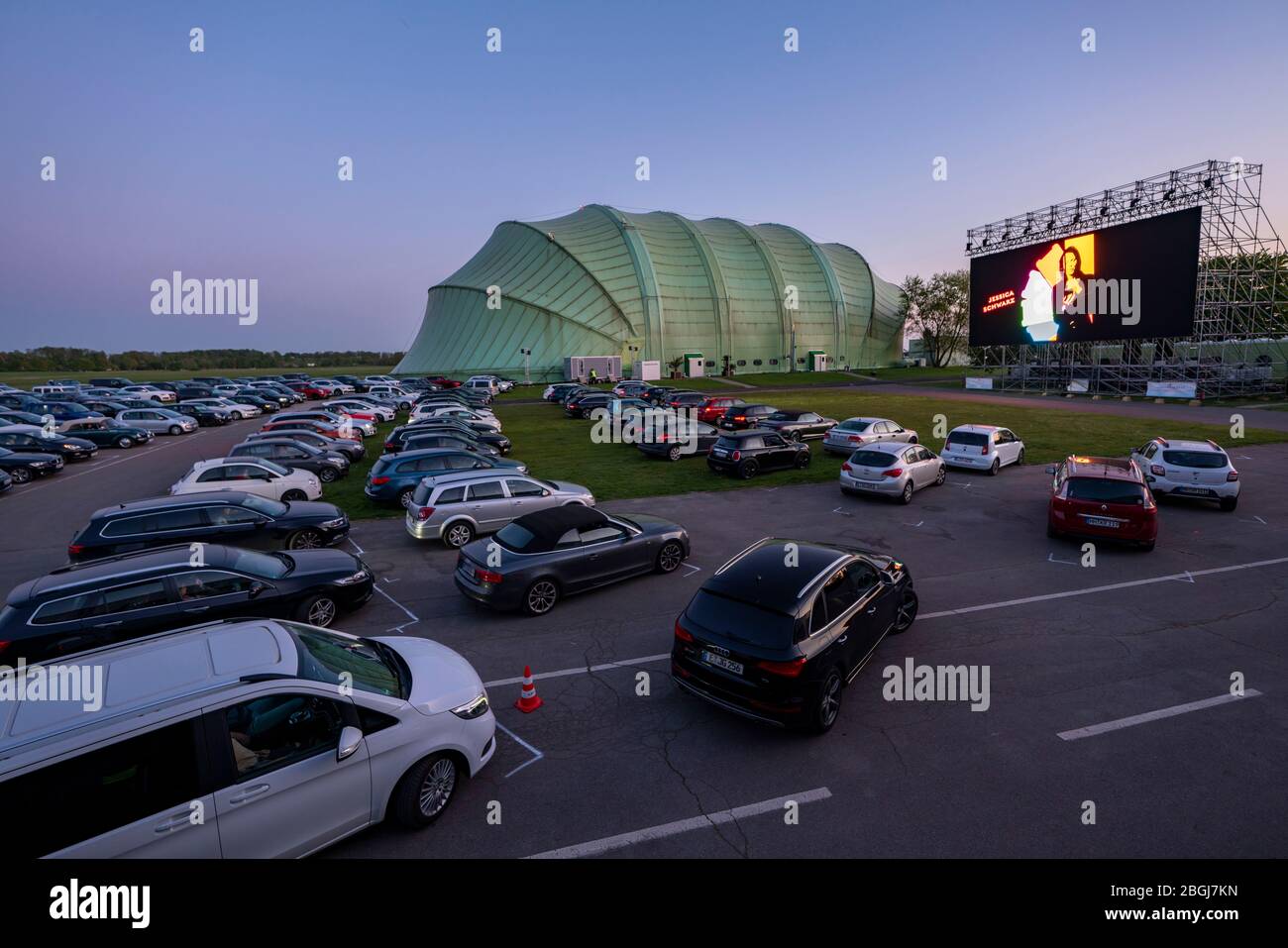 Drive-in cinema at Essen/Mülheim Airport, 'Motor Movies', temporary film screening, at the WDL airship hangar, event in compliance with contact restri Stock Photo