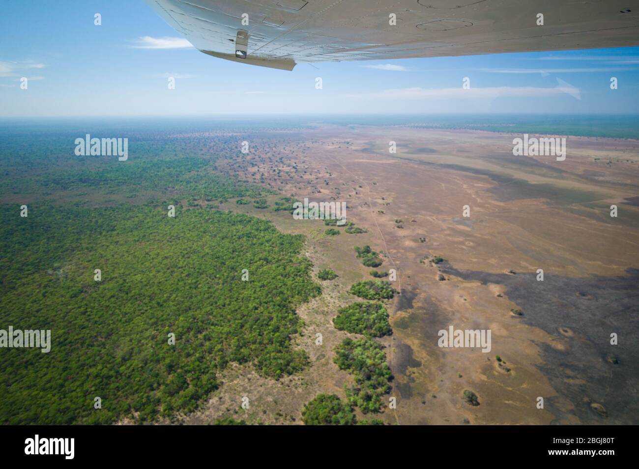 Kafue National Park, North Western Province, Zambia has vast stretches of miombo woodlands and Busanga floodplain swamps, as seen from a small plane. Stock Photo