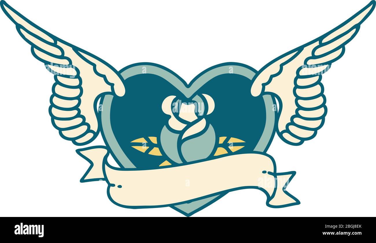 iconic tattoo style image of a flying heart with flowers and banner ...