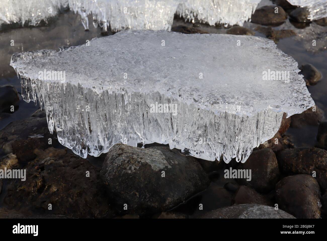 Closeup of candled ice block during spring melt on Yukon River