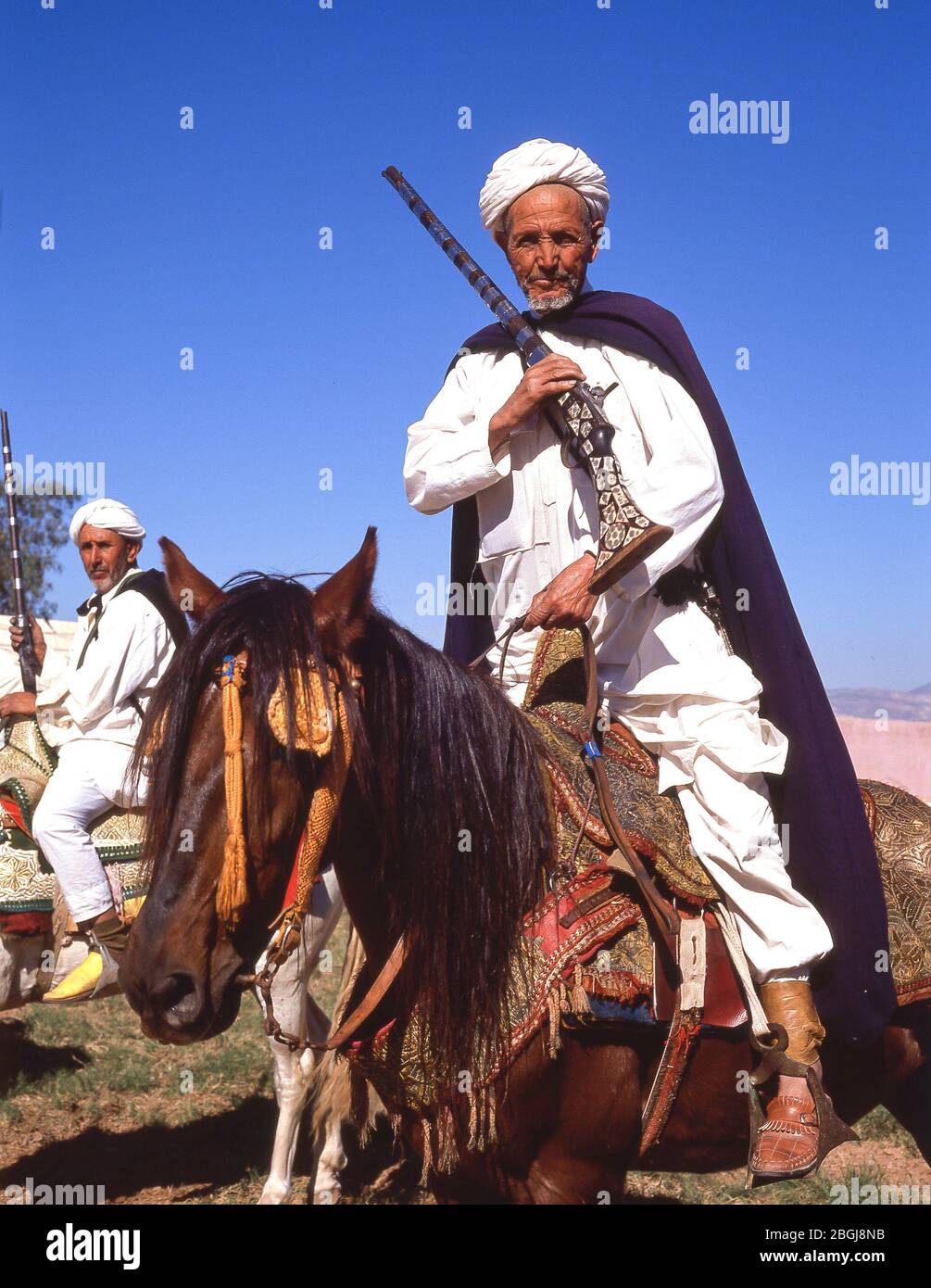 Horse-riding display at Fantasia Show, Agadir, Souss-Massa-Draâ Region, Morocco Stock Photo