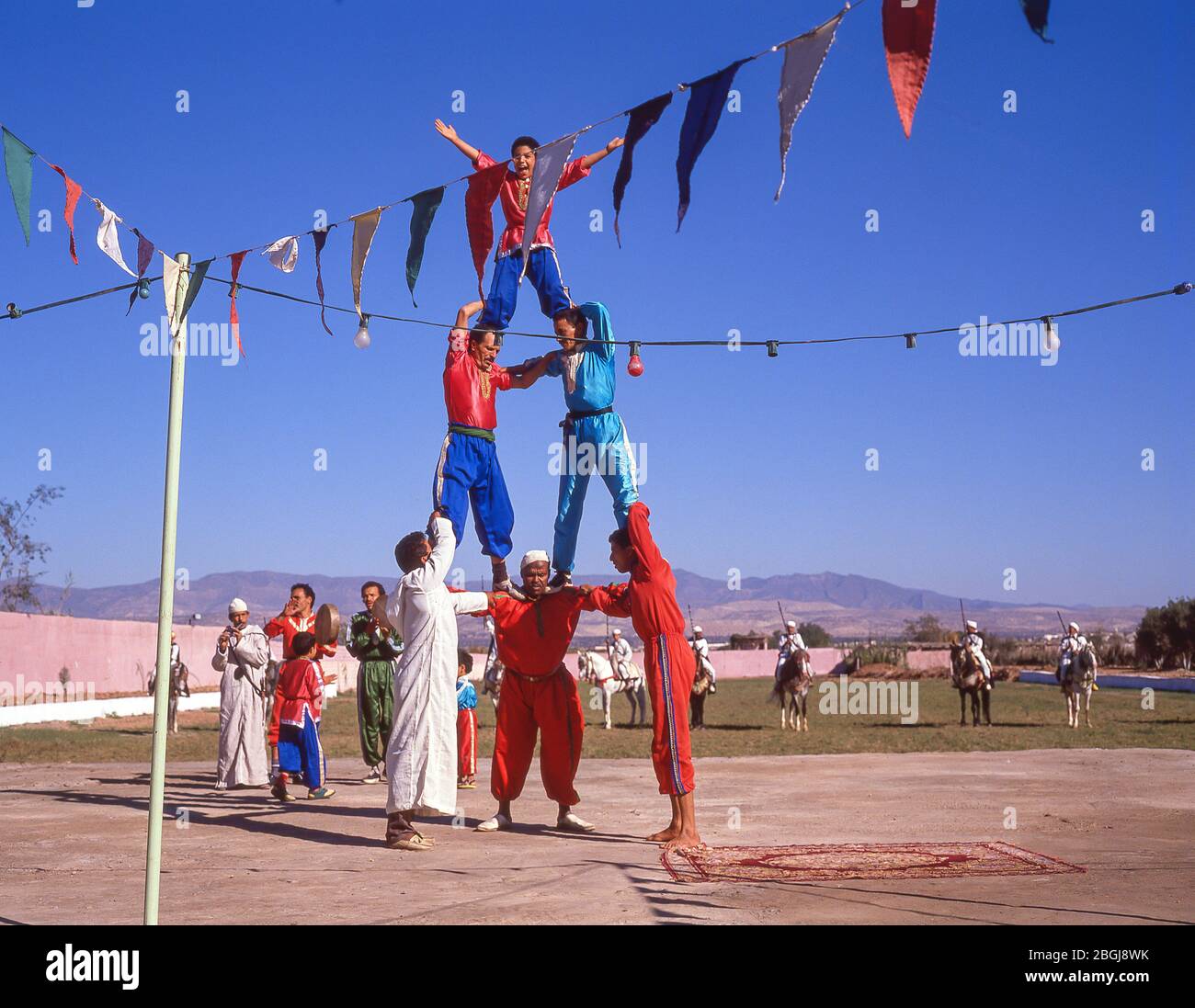 Acrobatic display at Fantasia Show, Agadir, Souss-Massa-Draâ Region, Morocco Stock Photo