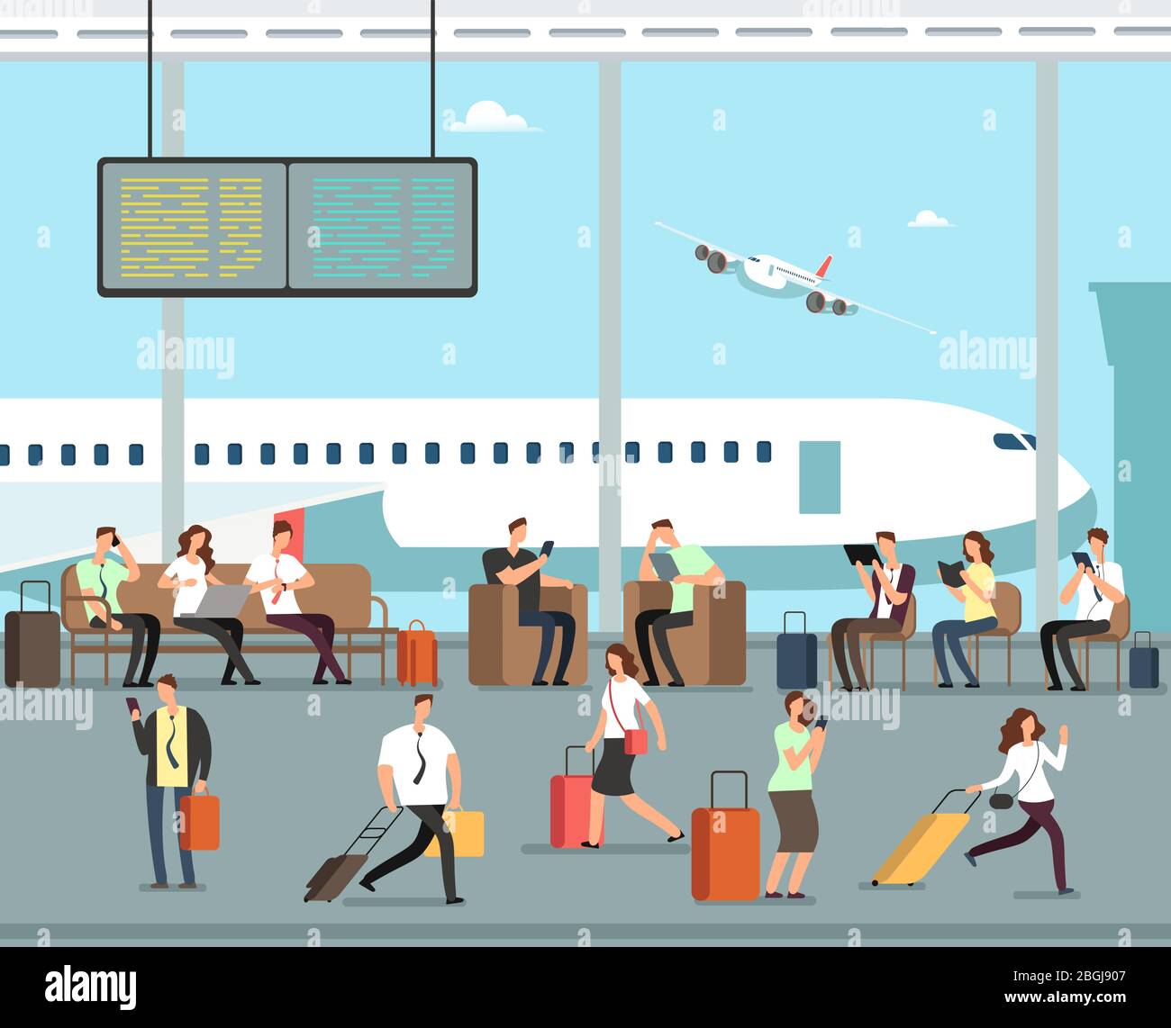 Business people with luggage at airport vector travel concept. Terminal with man and woman with baggage illustration Stock Vector