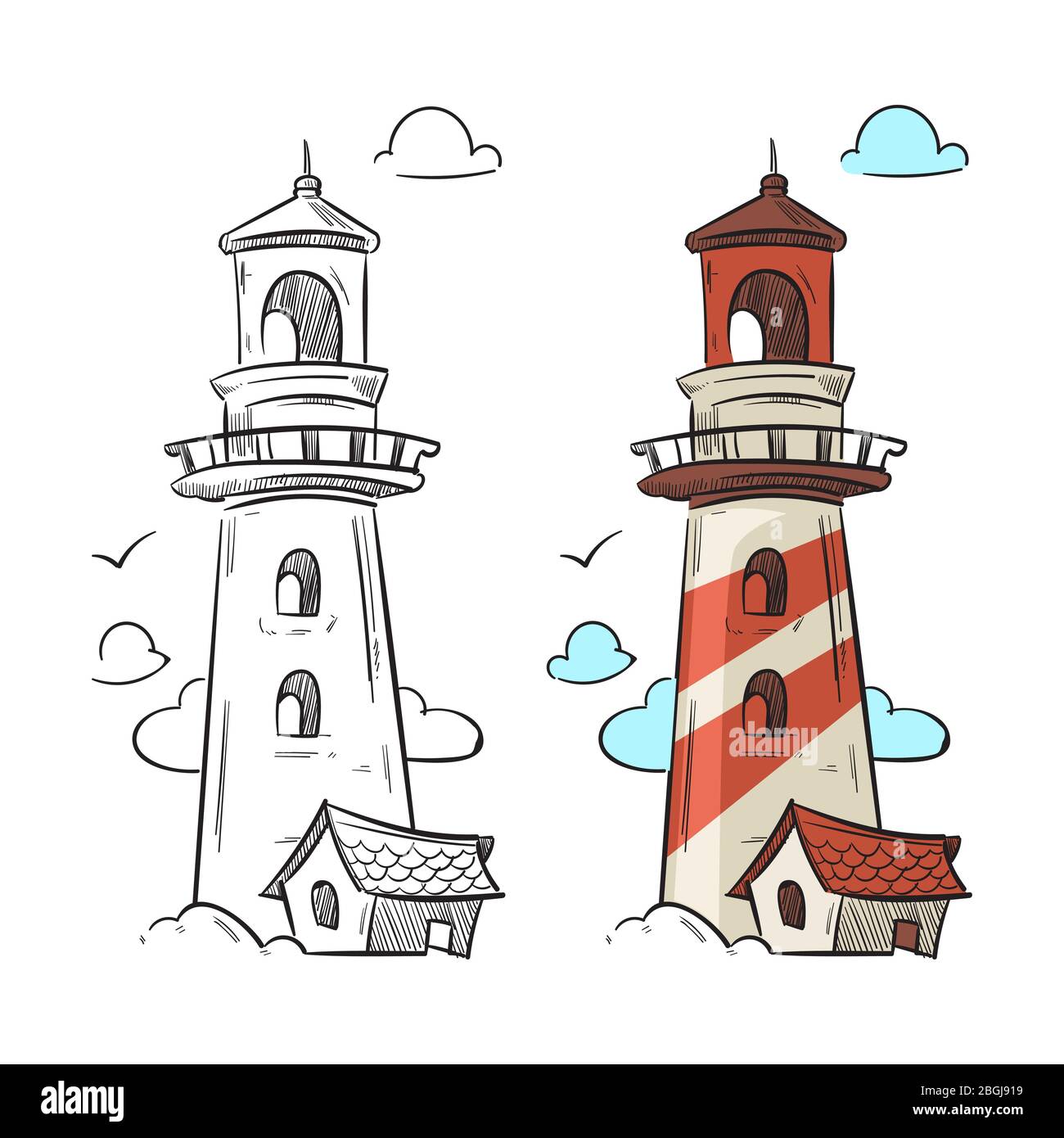 Hand drawn lighthouse vector. Marine coloring page with colorful sample illustration Stock Vector