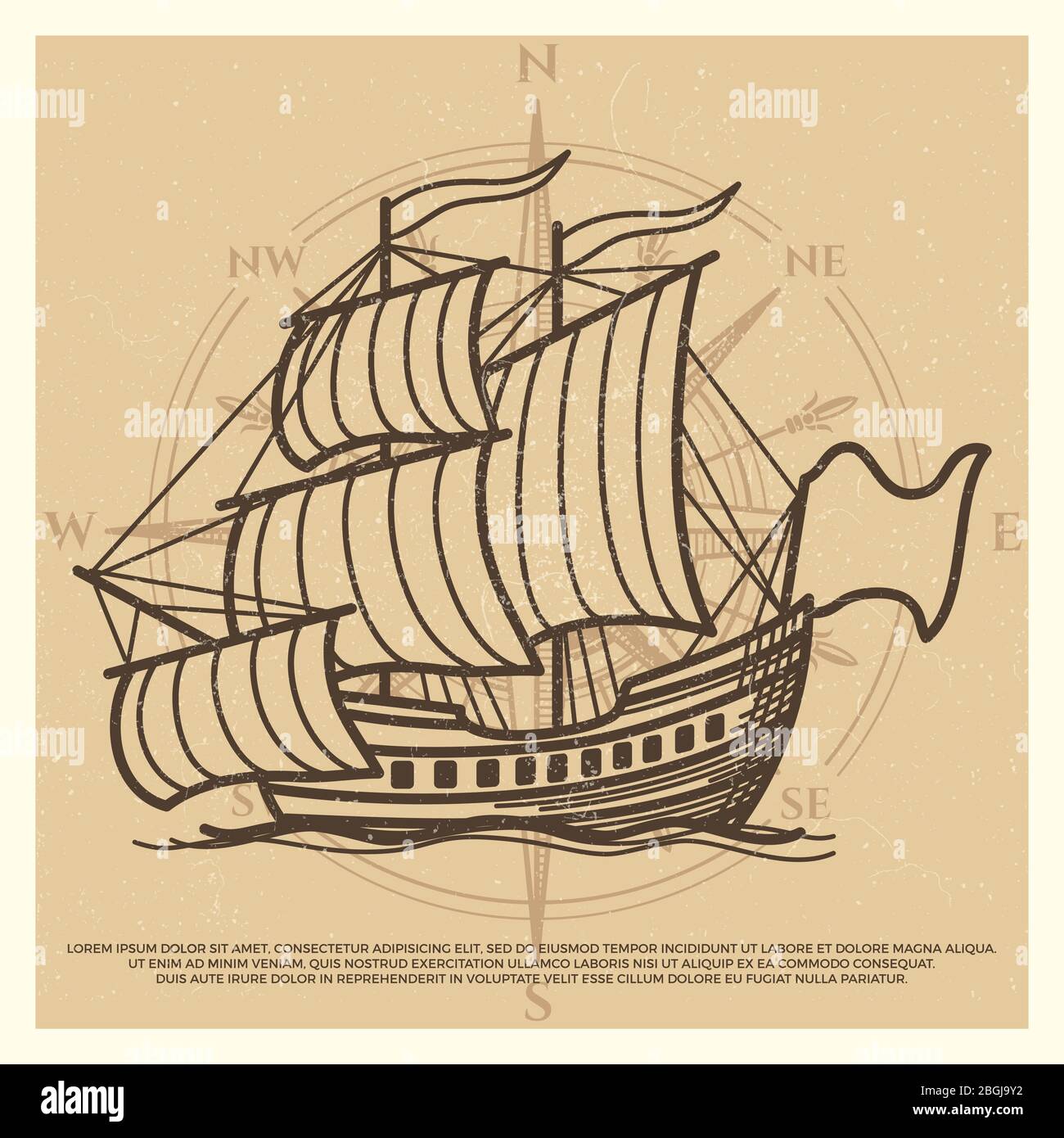 Grunge travel background with antique ship isolated on vintage backdrop. Vector illustration Stock Vector