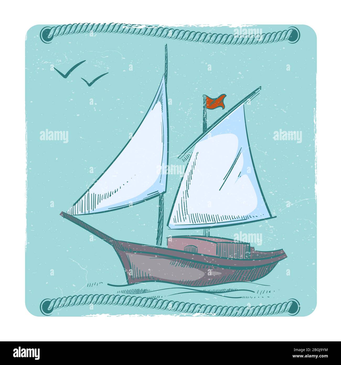 Grunge poster with hand drawn sailboat. Ship on waves emblem design. Vector illustration Stock Vector
