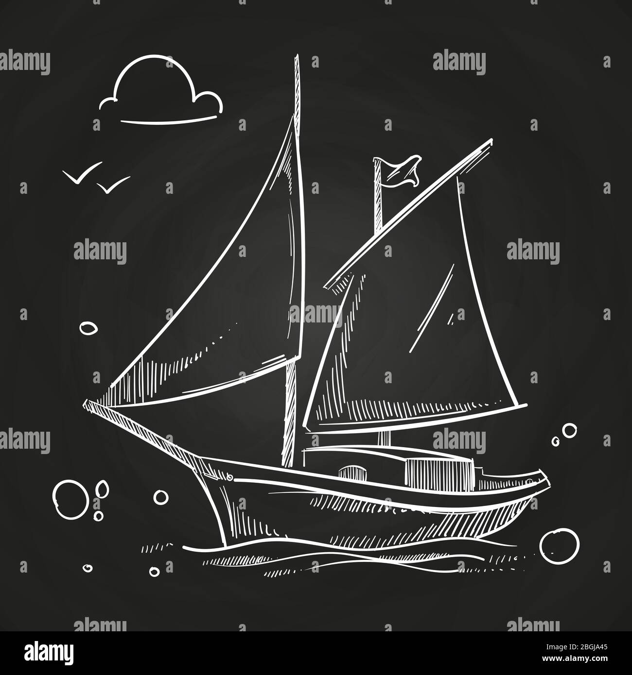 Hand sketched boat on blackboard. White chalk vector sailboat in ocean doodle illustration Stock Vector