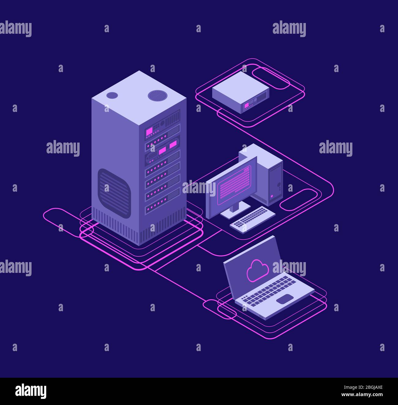 Computer synchronization, data network management. Isometric devices, networking servers. Cloud storage technology vector concept. Process database communication in hosting illustration Stock Vector
