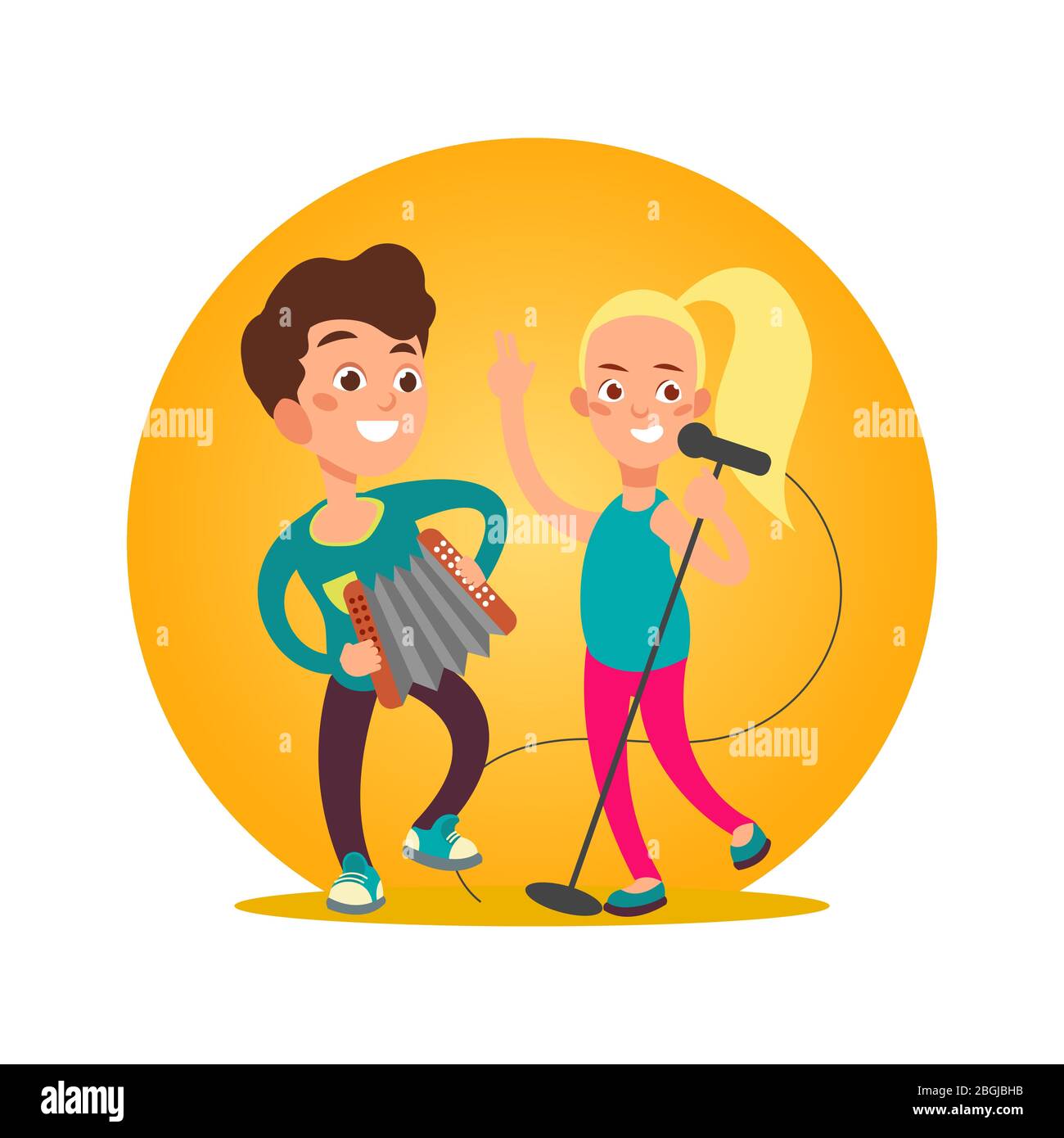 Teenagers musician group. Girl and boy making art perfomance. Vector illustration Stock Vector