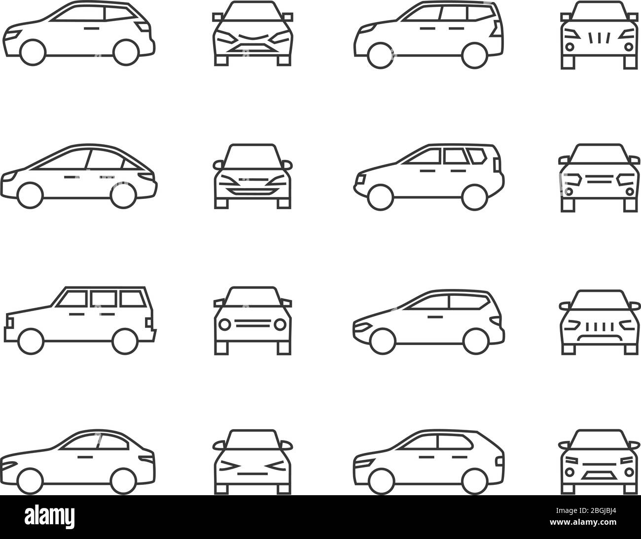Cars front and side view line signs, auto symbols. Vehicle outline