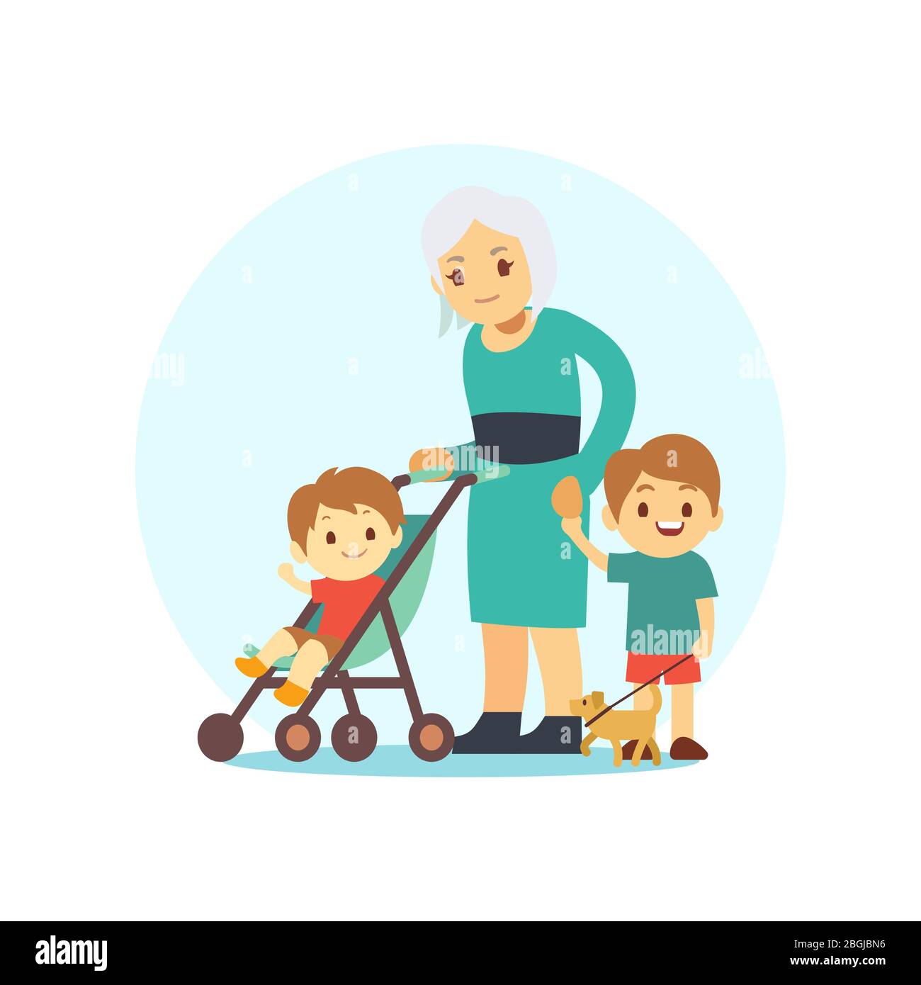 Old woman kids and puppy cartoon characters. Grangma walking with grandsons and dog. Vector illustration Stock Vector