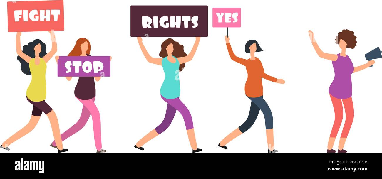 Women protesters walking on manifestation. Feminism, womens rights and protest vector concept. Illustration of woman demonstration and protest, walking with banner and poster Stock Vector