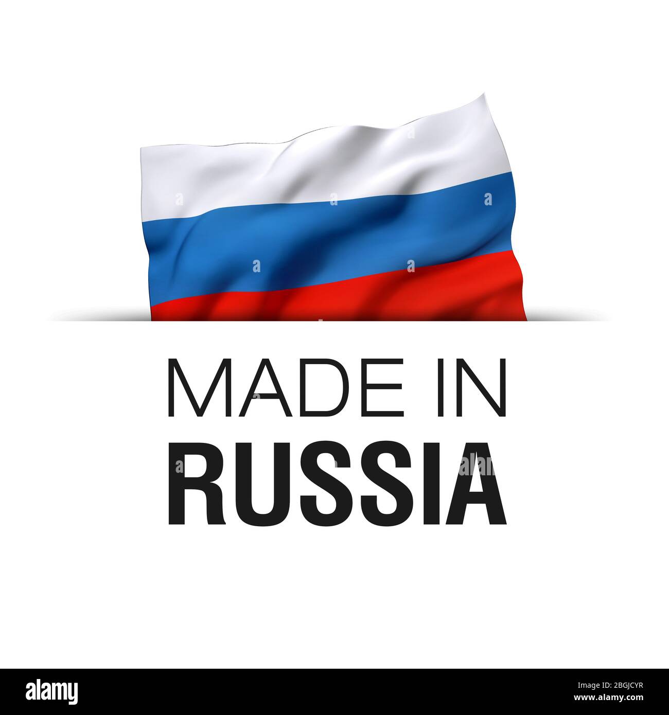 Made in Russia - Guarantee label with a waving Russian flag. Stock Photo