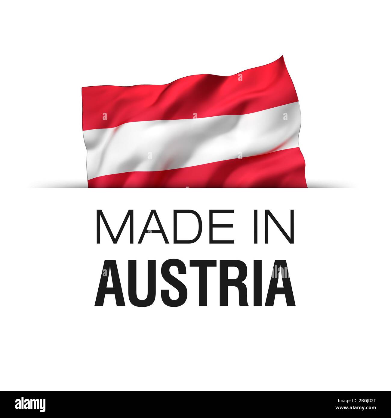 Made in Austria - Guarantee label with a waving Austrian flag. Stock Photo
