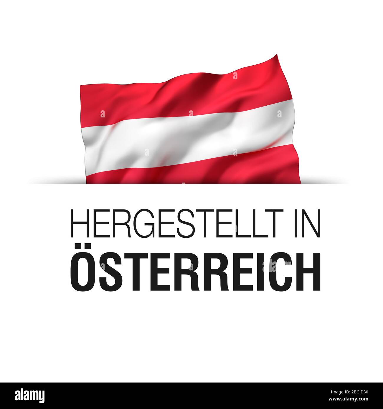Made in Austria written in German language. Guarantee label with a waving Austrian flag. Stock Photo