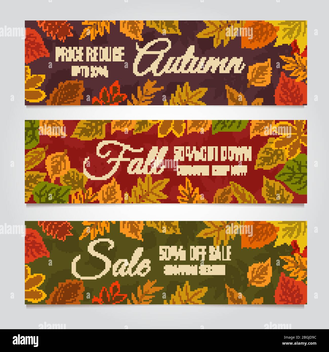Fall sale banners. Autumn offer and season discounts advertising background with yellow leaves. Vector set discount and offer banner, season sale illustration Stock Vector
