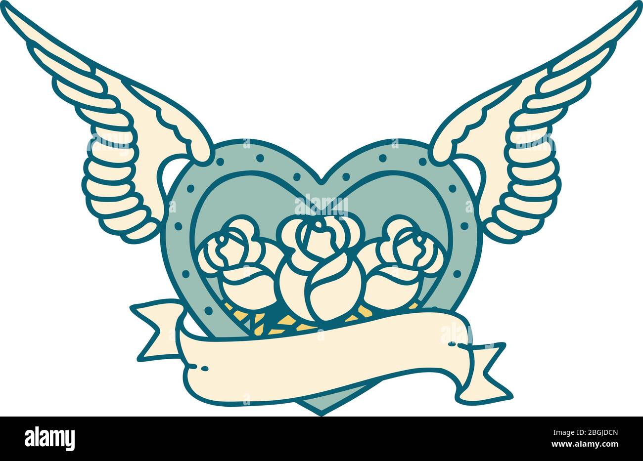 iconic tattoo style image of a flying heart with flowers and banner ...