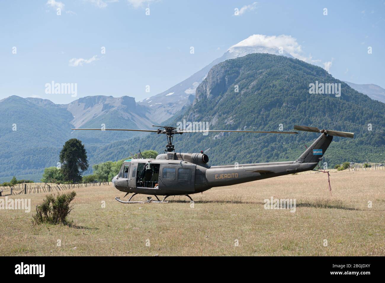 Junín de los Andes, Argentina - January 14, 2014: Argentine Army helicopter after fighting fires near the Lanin volcano Stock Photo