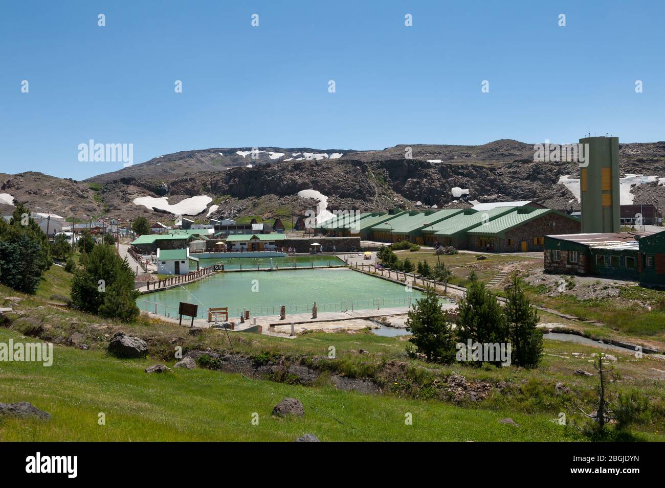 Copahue, Argentina - March 03 2020: View of the thermal complex with hot springs in Copahue, province of Neuquen Stock Photo
