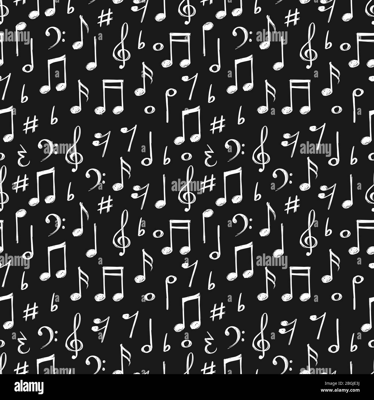 Chalk music notes and signs seamless pattern. Hand drawn music background black white, vector illustration Stock Vector
