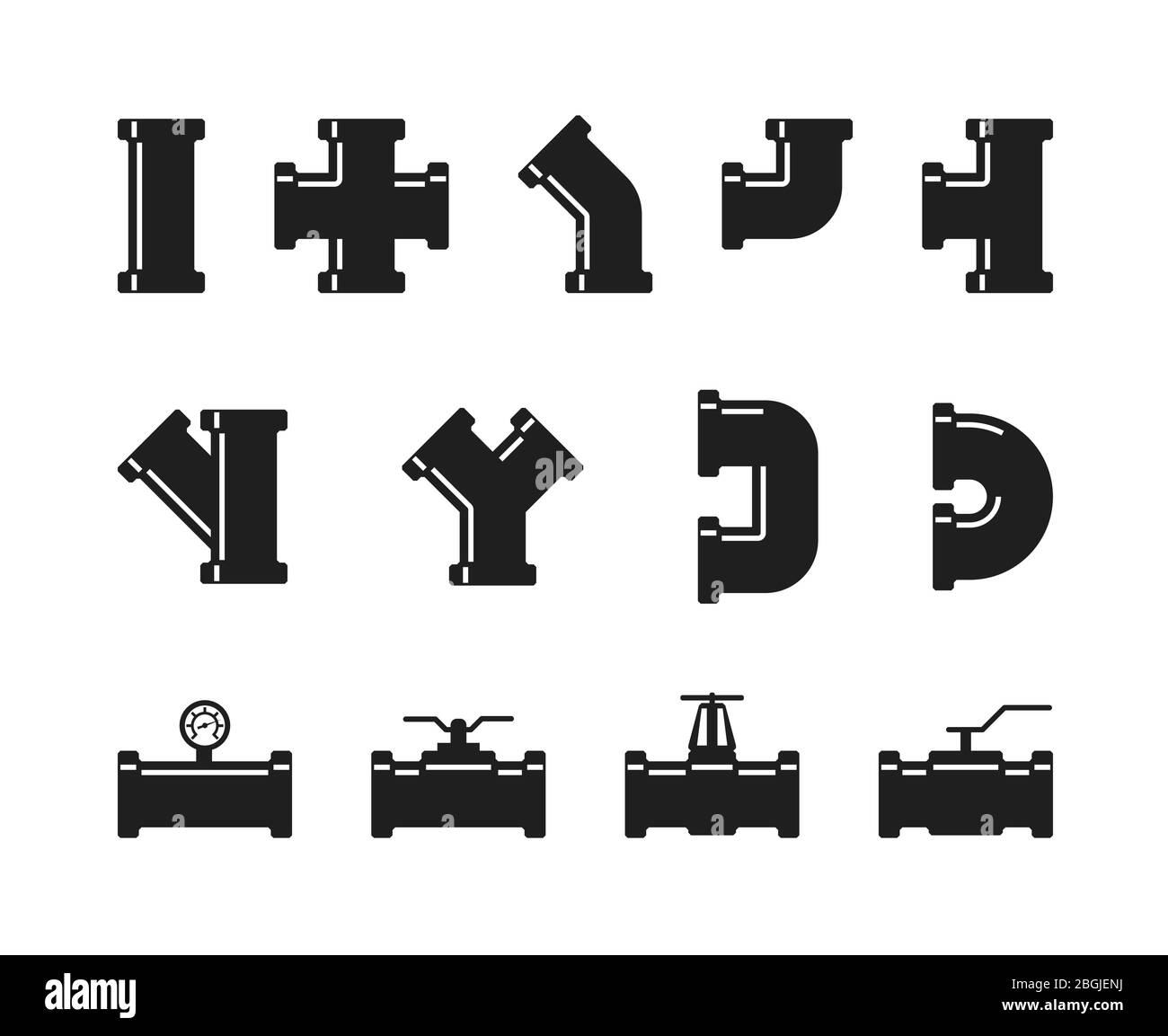 Pipe fittings, water tubes icons. Plumbing, construction pipeline, industrial drainage system vector set isolated. Illustration of tube and pipe industry, piping system drainage Stock Vector