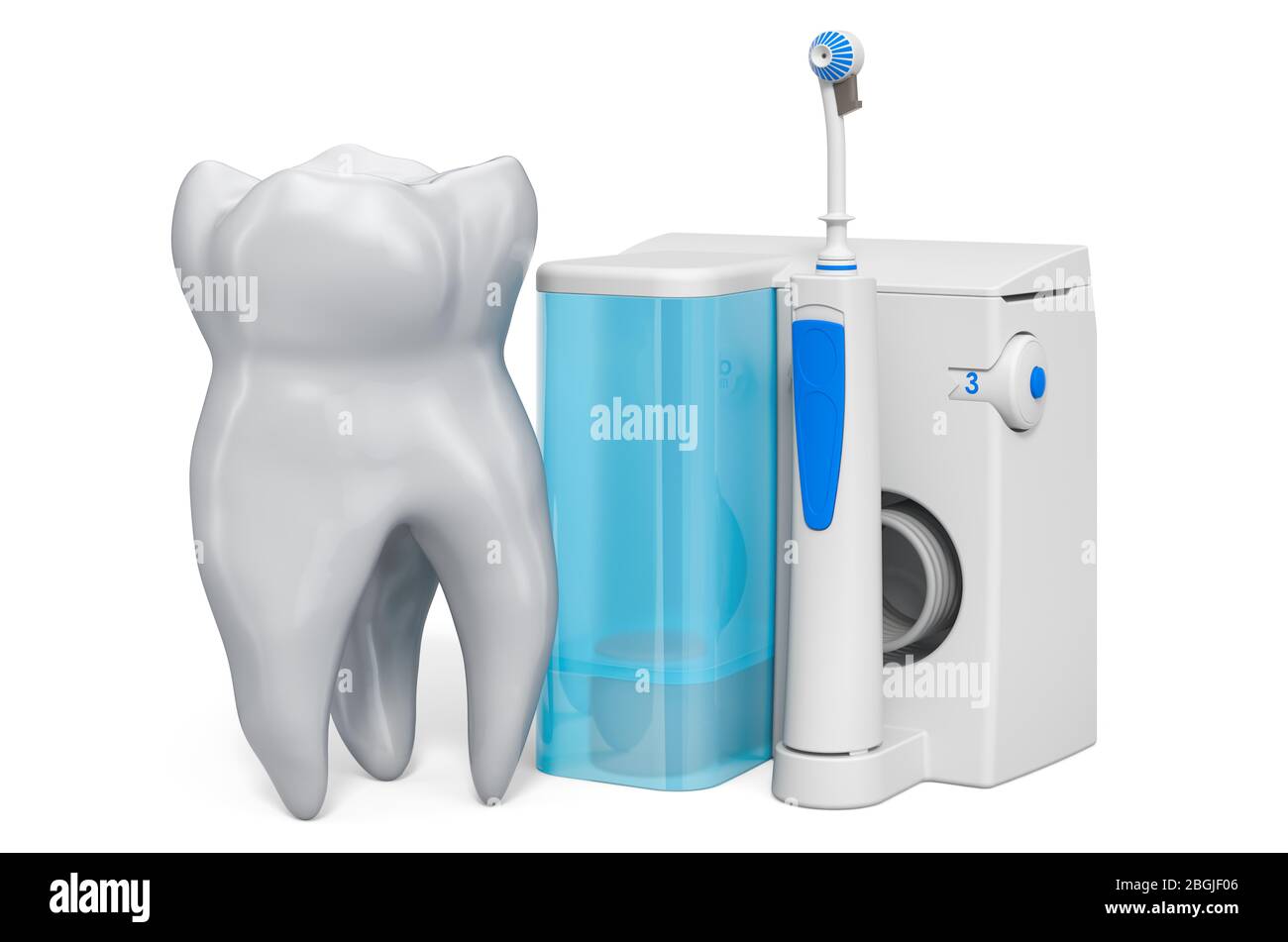 Tooth with water flosser, dental oral irrigator. 3D rendering isolated on  white background Stock Photo - Alamy