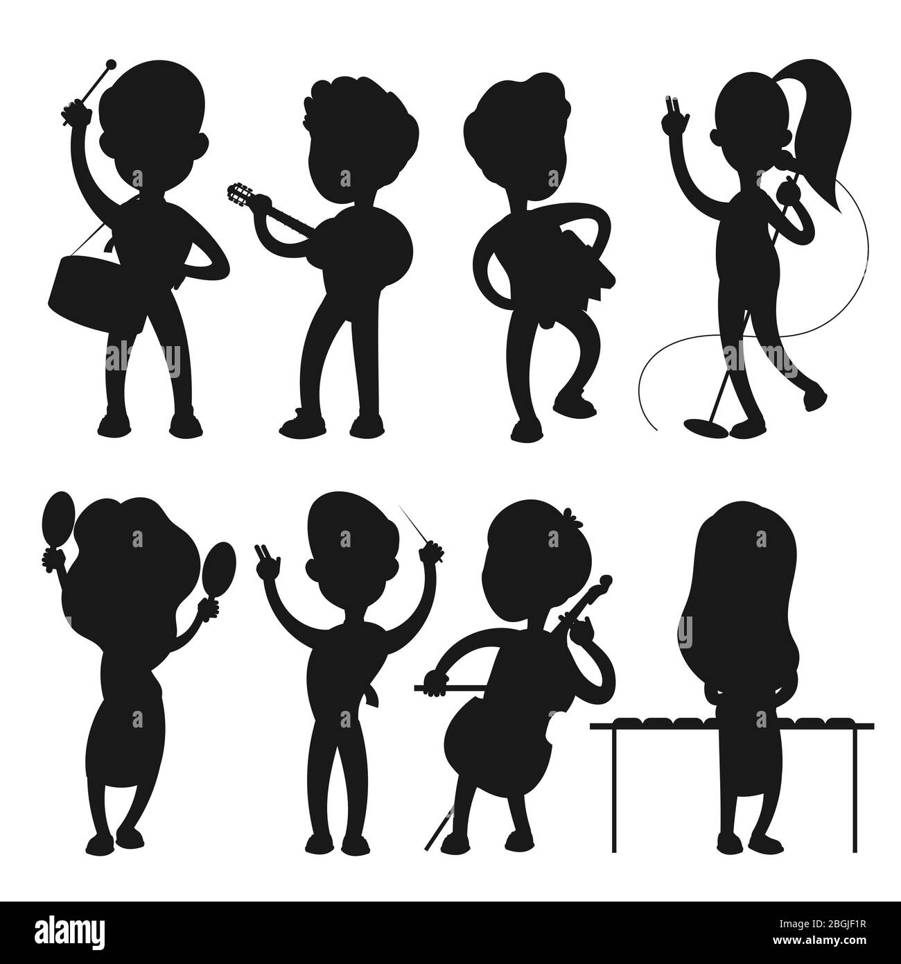 Musicians vector silhouettes isolated on white background. Musician with instrument, concert performance illustration Stock Vector