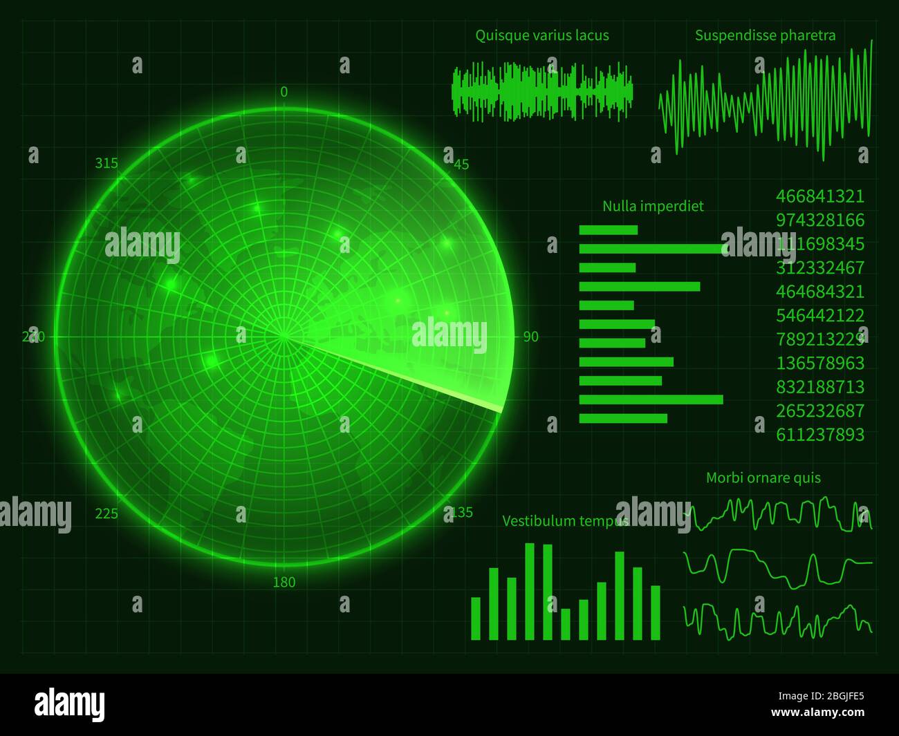 Green radar screen with world map. Digital hud interface vector illustration. Dashboard scanning world map, diagram wave sound Stock Vector