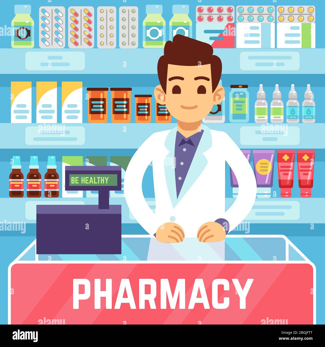 Happy young man pharmacist sells medications in pharmacy or drugstore