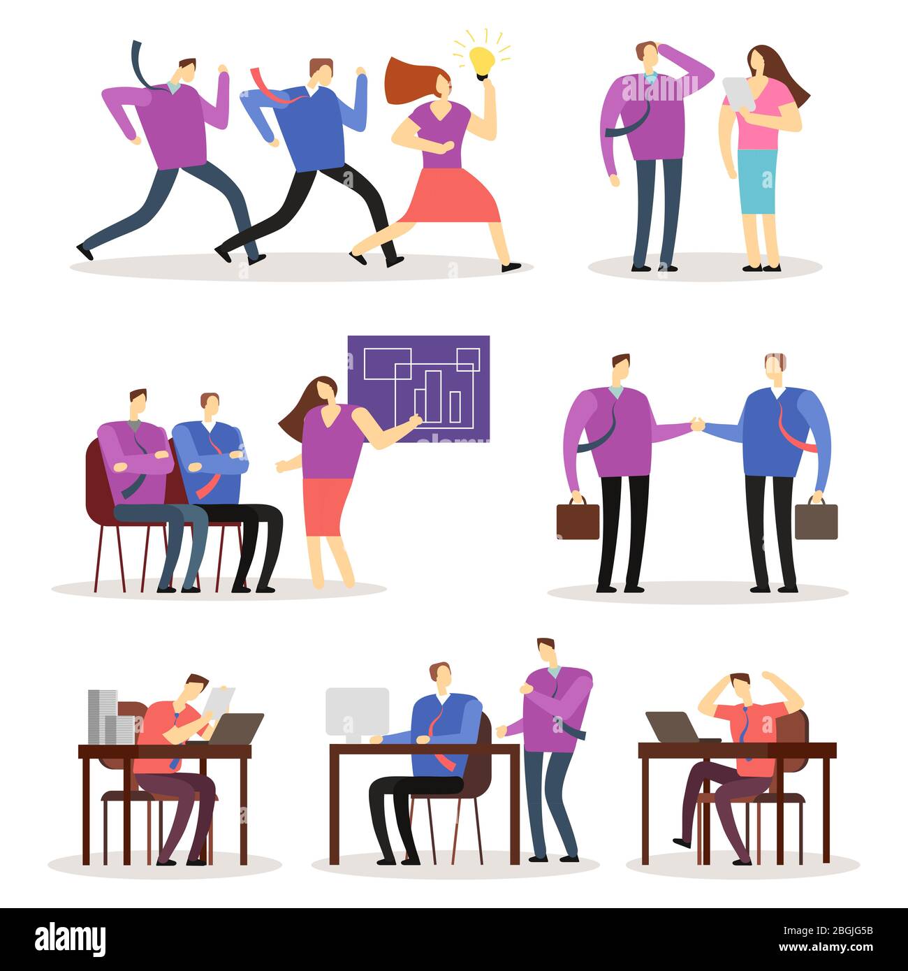 Working people vector cartoon characters. Women and men business people acting in various situation. Group woman and man in office, organization worker illustration Stock Vector