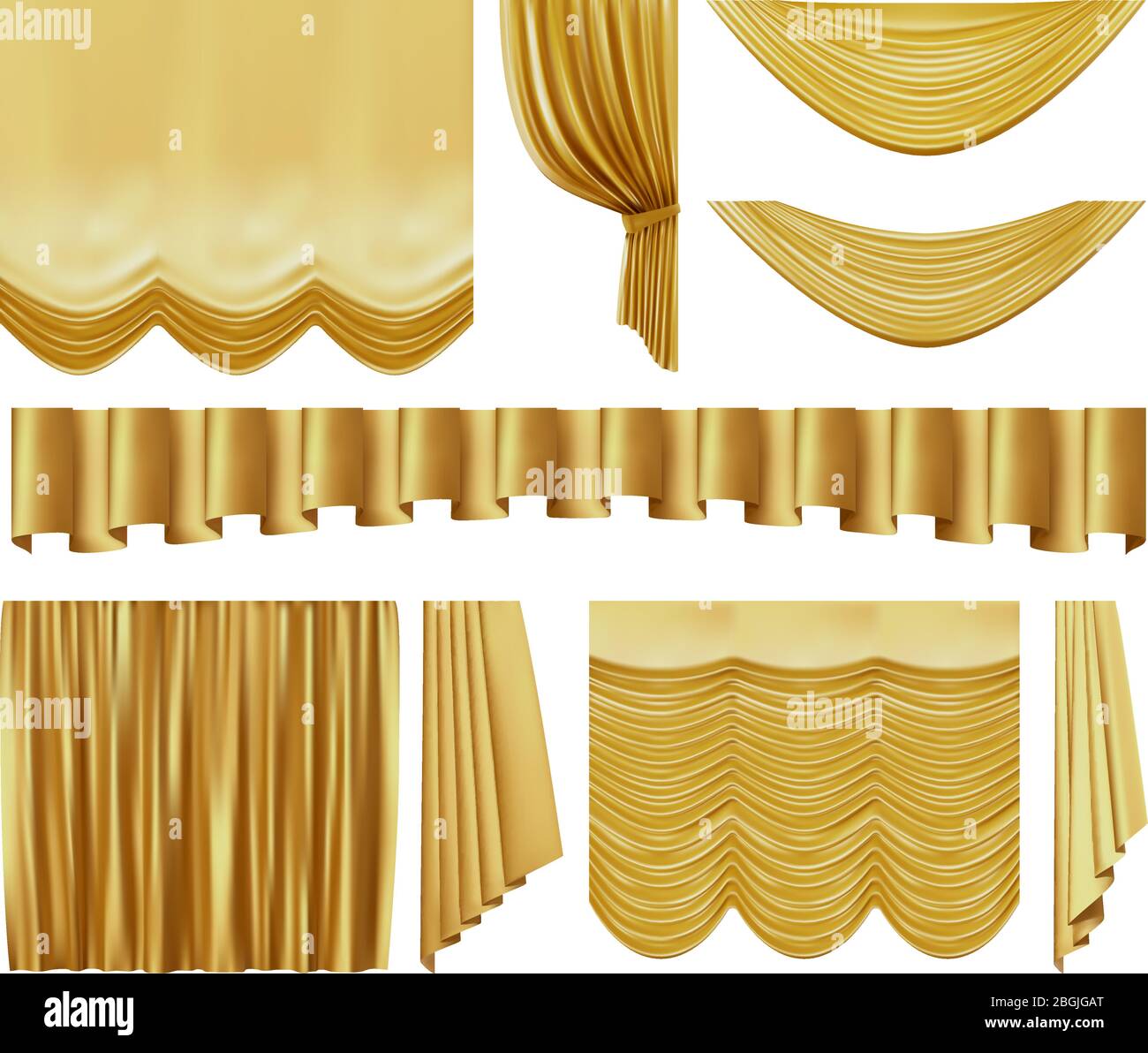 Golden stage curtains. Realistic interior luxury gold velvet curtains